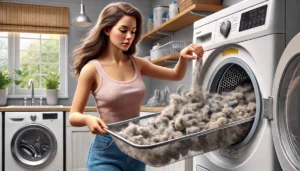 Dryer appliance lint trap filled with lint.