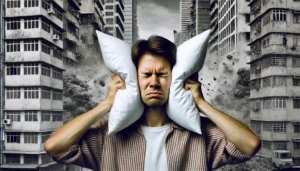 is air duct cleaning loud, woman holding pillows over ears.