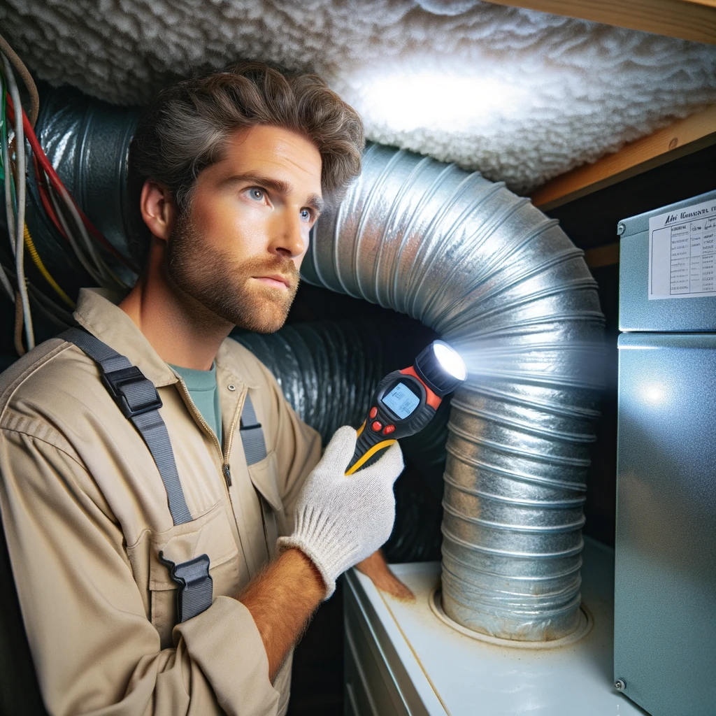 An air duct cleaning technician inspecting a home's HVAC system in West Bend, WI. The technician is using a flashlight to check the ducts for dust and debris.