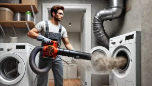 man using a leaf blower to clean dryer vent.