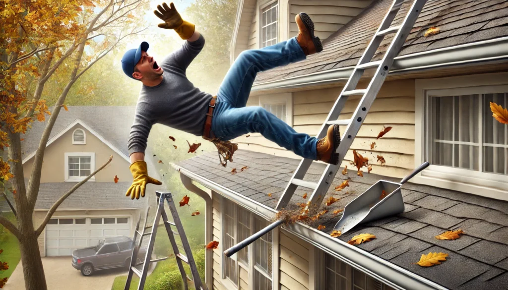 Solved! How Much Does Gutter Cleaning Cost in Milwaukee? 5 man falling off ladder cleaning gutters in milwaukee